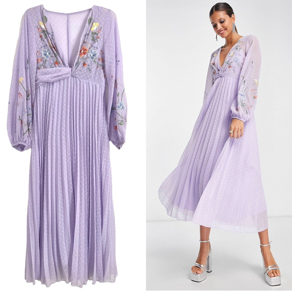 NWT ASOS Design Lilac Textured Pleated Midi Dress with Floral Embroidery